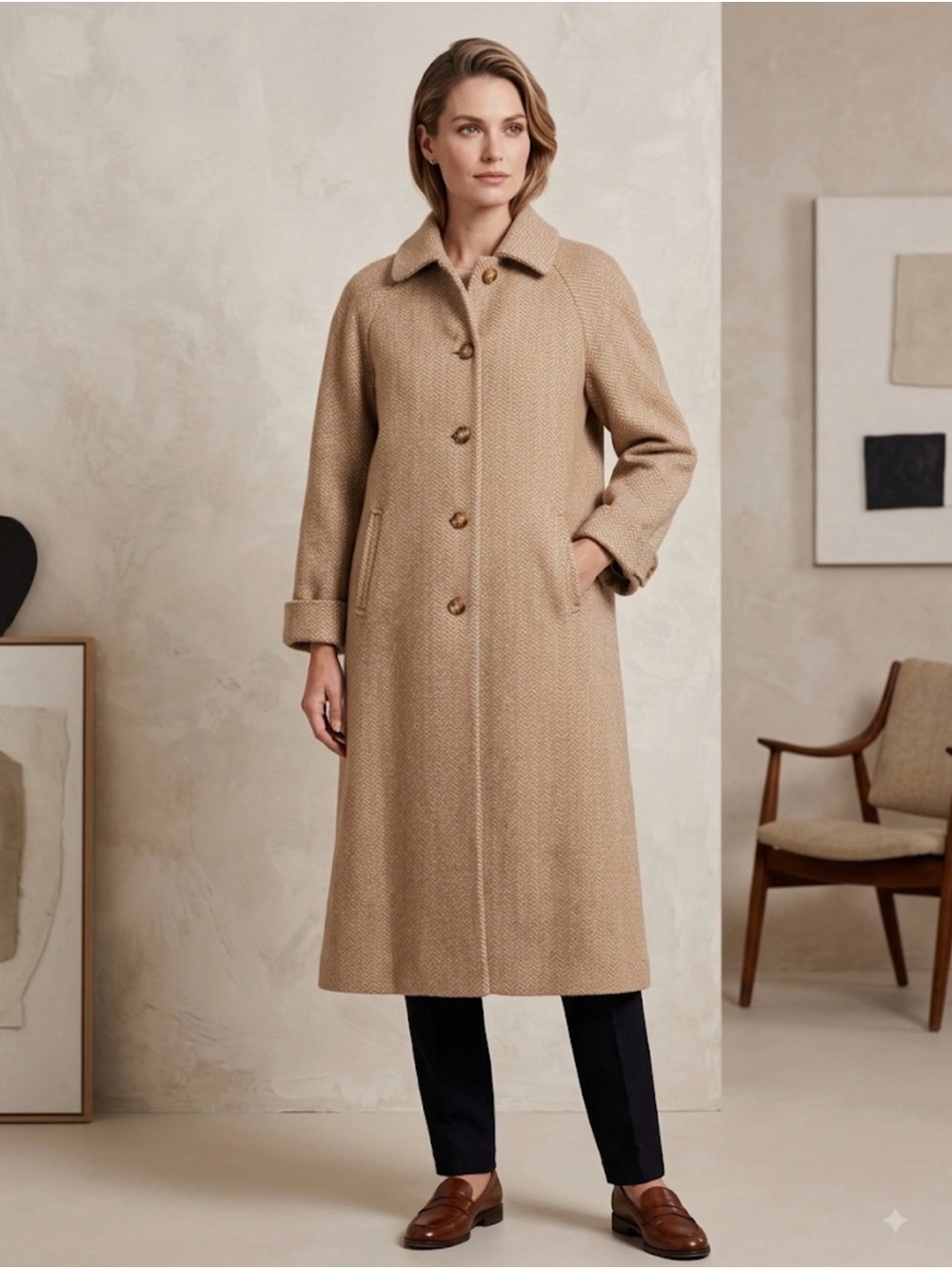 Classic Camel Wool-Blend Single-Breasted Trench Coat Winter Classy Old Money